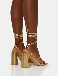 Natty Gold Pu Lace Up Square Toe Mid Block Heels -Chic Footwear Shop IMG 1349