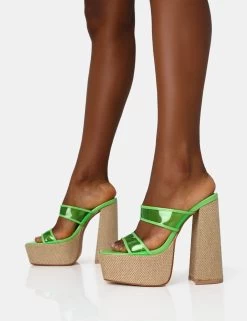 Carley Neon Lime Perspex Mule Square Toe Platform Raffia Block Heels -Chic Footwear Shop IMG 1370