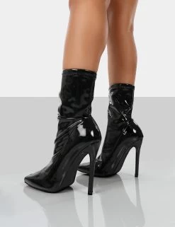 Lars Black Patent Wide Fit Sock High Heeled Stiletto Ankle Boots -Chic Footwear Shop LARSBLACKPATENTWFBACK1