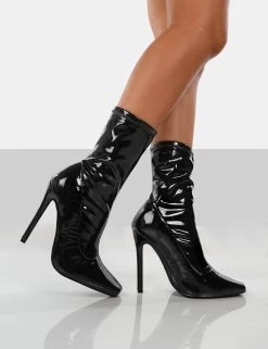 Lars Black Patent Wide Fit Sock High Heeled Stiletto Ankle Boots -Chic Footwear Shop LARSBLACKPATENTWFWALKING1