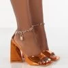 Masie Gold Metallic Lock Chain Detail Anklet Strap Block Heels