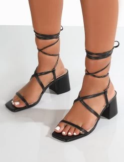 Mabel Wide Fit Black PU Ankle Tie Block Heeled Sandals -Chic Footwear Shop MabelBlackDetail