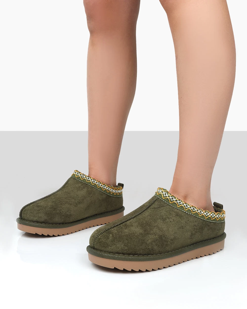 Tamsin Khaki Faux Suede Embroidered Slipper Boots 6 Tamsin Khaki Faux Suede Embroidered Slipper Boots - Image 4