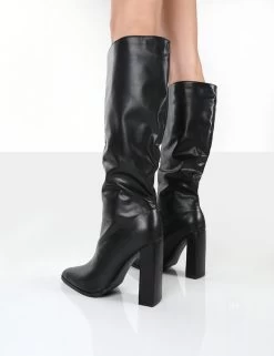 Posie Black PU Knee High Block Heel Boots -Chic Footwear Shop PosieBlackBack1