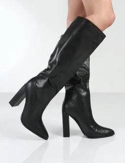Posie Black PU Knee High Block Heel Boots -Chic Footwear Shop PosieBlackWalking