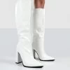 Posie White PU Knee High Block Heel Boots -Chic Footwear Shop PosieWhiteFront