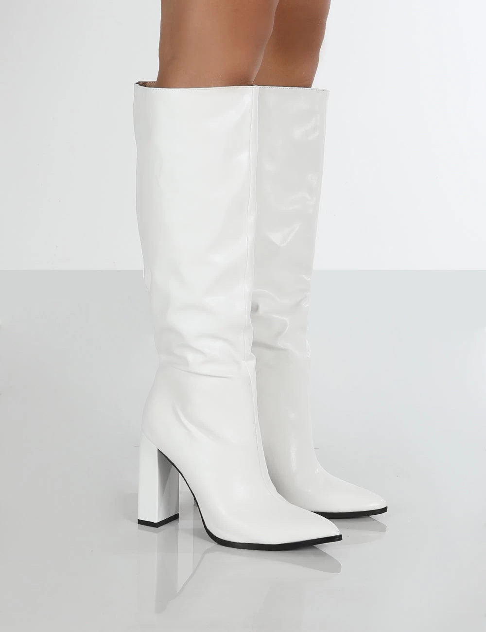 Posie Wide Fit White Pu Knee High Block Heel Boots 3 Posie Wide Fit White Pu Knee High Block Heel Boots