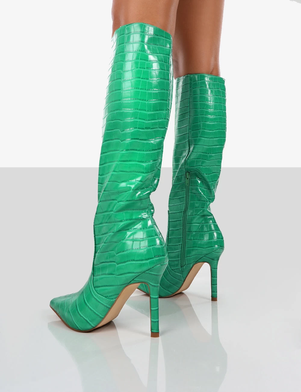 Rosalie Wide Fit Green Croc Heeled Pointed Toe Knee High Boots 4 Rosalie Wide Fit Green Croc Heeled Pointed Toe Knee High Boots - Image 2