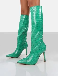 Rosalie Green Croc Heeled Pointed Toe Knee High Boots -Chic Footwear Shop ROSALIEGREENDETAIL1