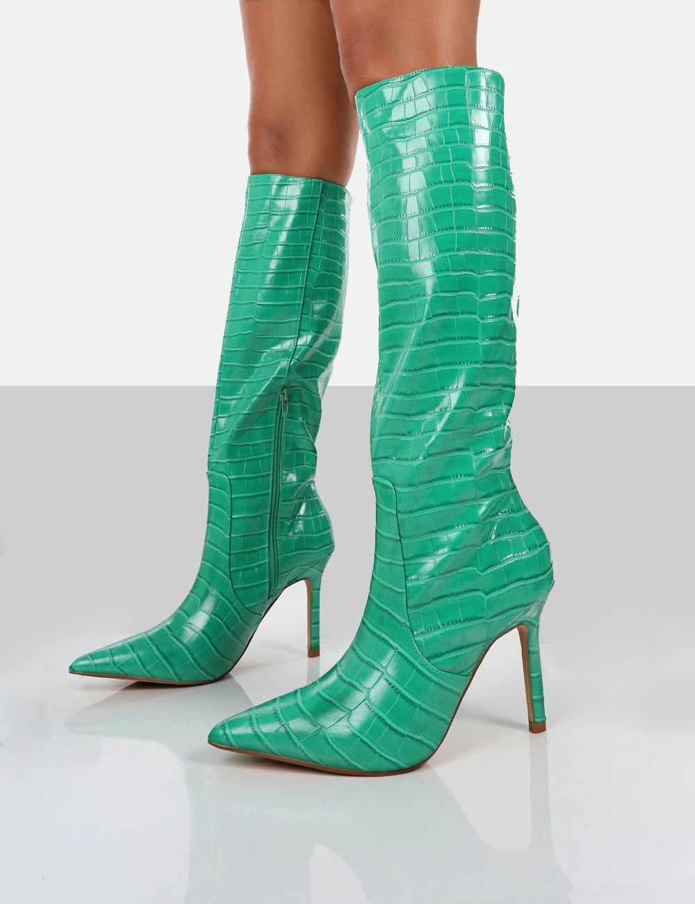 Rosalie Wide Fit Green Croc Heeled Pointed Toe Knee High Boots 6 Rosalie Wide Fit Green Croc Heeled Pointed Toe Knee High Boots - Image 4