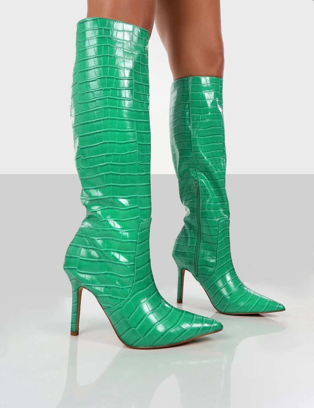 Rosalie Wide Fit Green Croc Heeled Pointed Toe Knee High Boots 3 Rosalie Wide Fit Green Croc Heeled Pointed Toe Knee High Boots