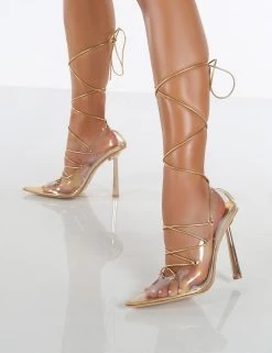 Strike Gold Metallic PU Clear Perspex Lace Up Court Heels -Chic Footwear Shop StrikeGoldDetail