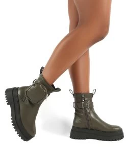 Thought Khaki Pu Wide Fit Pocket Chunky Sole Ankle Boot -Chic Footwear Shop THOUGHT KHAKI PU