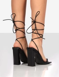 Cleo Black Pu Square Toe Strappy Lace Up Block Heels 8 Cleo Black Pu Square Toe Strappy Lace Up Block Heels -Chic Footwear Shop bsack