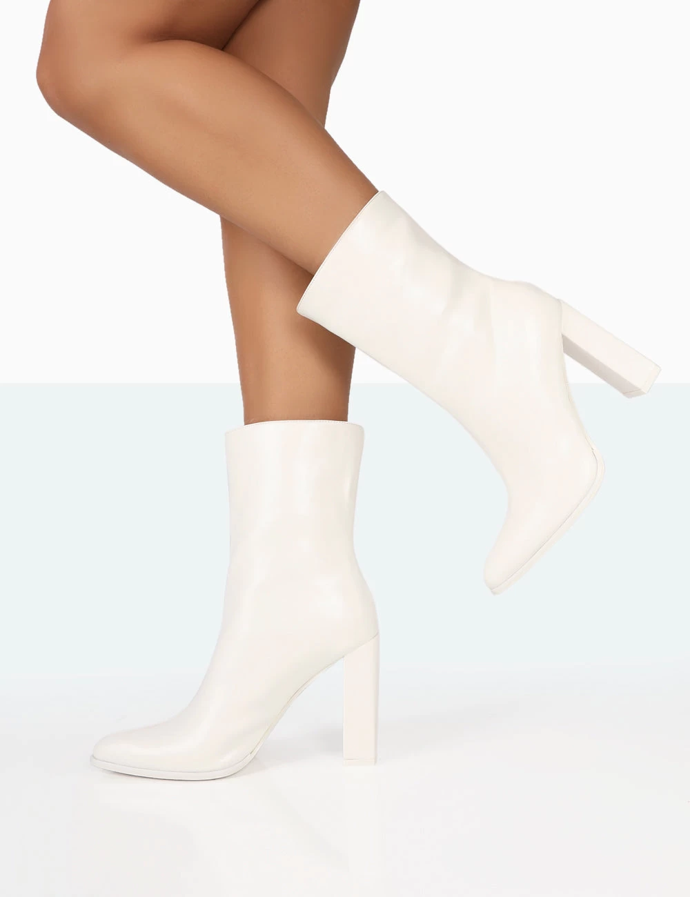 Bridget White PU Pointed Toe Block Heeled Ankle Boots 4 Bridget White PU Pointed Toe Block Heeled Ankle Boots - Image 2
