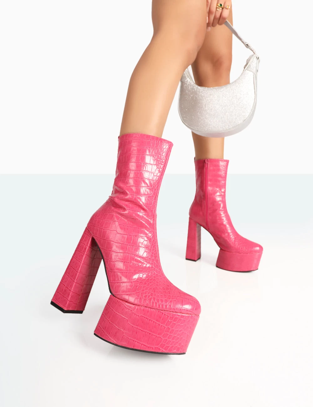 Parker Pink Patent Croc Platform Pointed Toe Block Heeled Ankle Boots 3 Parker Pink Patent Croc Platform Pointed Toe Block Heeled Ankle Boots