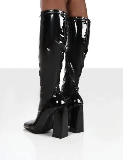 Caryn Black Patent Wide Fit Knee High Block Heeled Boots -Chic Footwear Shop carynblackbackPATENTback1