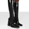 Caryn Black Patent Wide Fit Knee High Block Heeled Boots