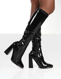 Caryn Black Patent Wide Fit Knee High Block Heeled Boots -Chic Footwear Shop carynblackwalkingpatent