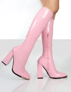 Caryn Pink Patent Knee High Heeled Boots 9 Caryn Pink Patent Knee High Heeled Boots -Chic Footwear Shop carynpinkwalking
