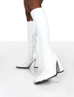 Caryn White Patent Wide Fit Knee High Block Heeled Boots -Chic Footwear Shop carynwhitedetail