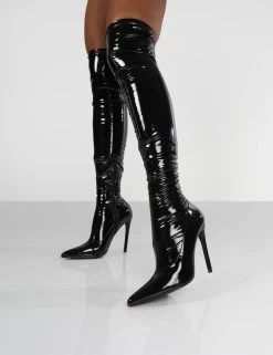 Confidence Black Patent Stiletto Heeled Over The Knee PU Boot -Chic Footwear Shop confidence0012
