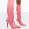 Best Believe Pink Satin Pointed Toe Stiletto Heeled Knee High Boots