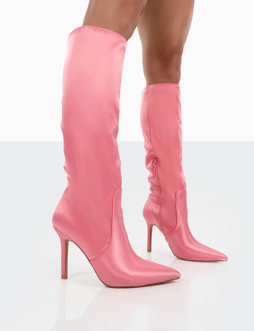 Best Believe Pink Satin Pointed Toe Stiletto Heeled Knee High Boots 3 Best Believe Pink Satin Pointed Toe Stiletto Heeled Knee High Boots