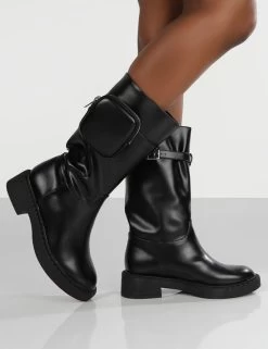 Evoke Black Pocket Detail Chunky Sole Calf Height Boot -Chic Footwear Shop evoke0022