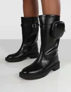 Evoke Black Pocket Detail Chunky Sole Calf Height Boot -Chic Footwear Shop evoke0025