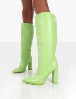 Far Away Lime Grain PU Square Toe Knee High Block Boots -Chic Footwear Shop farawaydetail