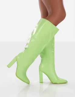 Far Away Lime Grain PU Square Toe Knee High Block Boots -Chic Footwear Shop farawaygreenwalkig