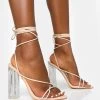 Clara Nude Pu Strappy Lace Up Round Toe Clear Perspex Heels