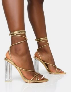 Clara Metallic Gold Pu Strappy Lace Up Round Toe Clear Perspex Heels