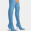 Jodie Blue Denim Seam Detail Pointed Toe Stiletto Thigh High Boots