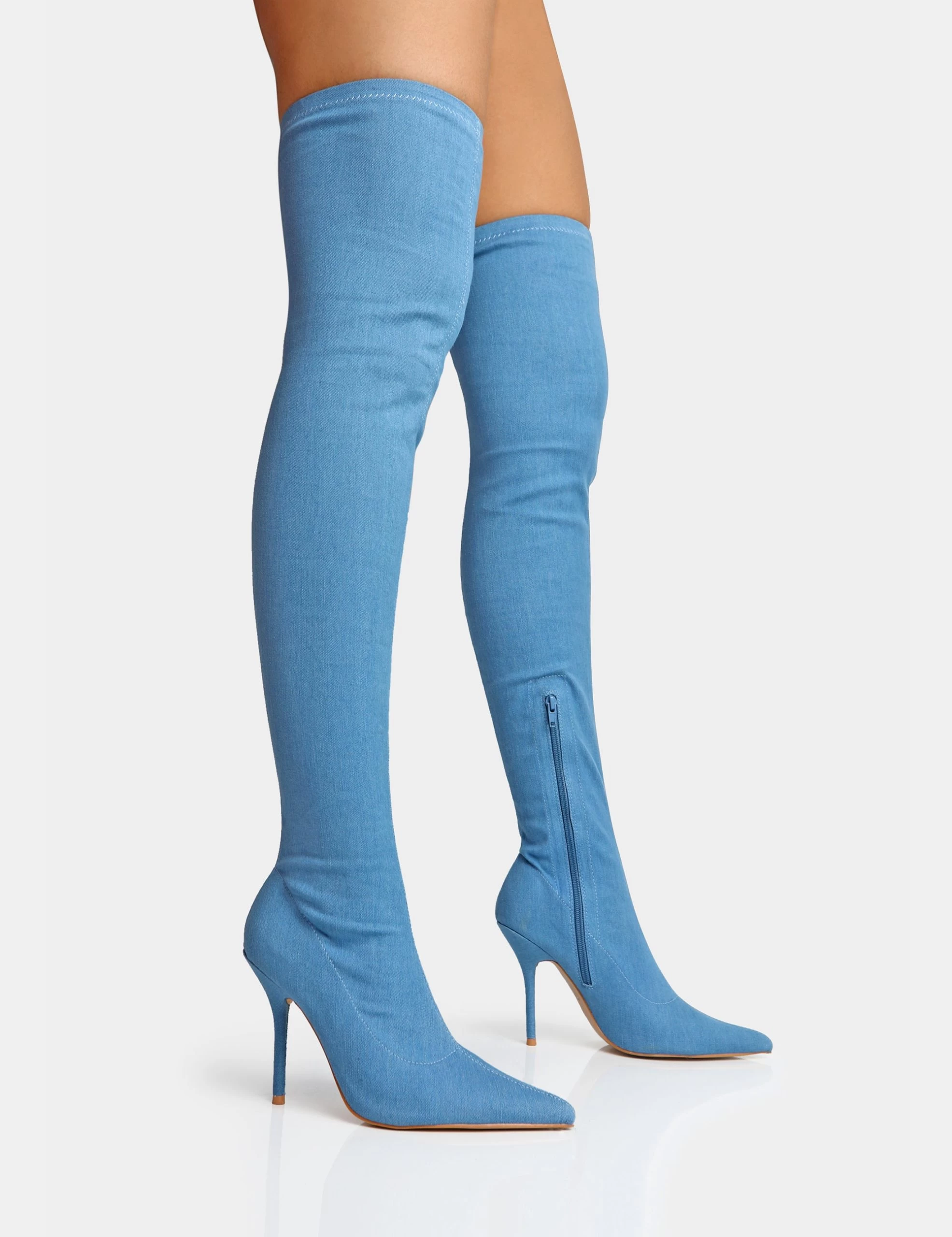 Jodie Blue Denim Seam Detail Pointed Toe Stiletto Thigh High Boots 3 Jodie Blue Denim Seam Detail Pointed Toe Stiletto Thigh High Boots