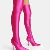 Instinct Pink Lycra Pointed Toe Stiletto Thigh High Boots