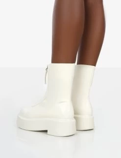 Indigo Ecru PU Platform Chunky Sole Zip Through Ankle Boot -Chic Footwear Shop indigowhitback
