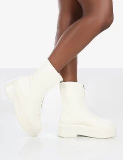 Indigo Ecru PU Platform Chunky Sole Zip Through Ankle Boot -Chic Footwear Shop indigowhitdetail