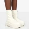 Indigo Ecru PU Platform Chunky Sole Zip Through Ankle Boot -Chic Footwear Shop indigowhite