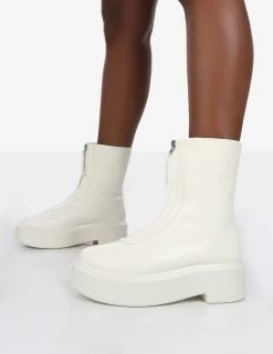 Indigo Ecru PU Platform Chunky Sole Zip Through Ankle Boot -Chic Footwear Shop indigowhitedetail