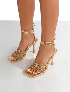 Keri Gold Metallic Pu Strappy Lace Up Mid Heels 9 Keri Gold Metallic Pu Strappy Lace Up Mid Heels -Chic Footwear Shop kerigolddetail