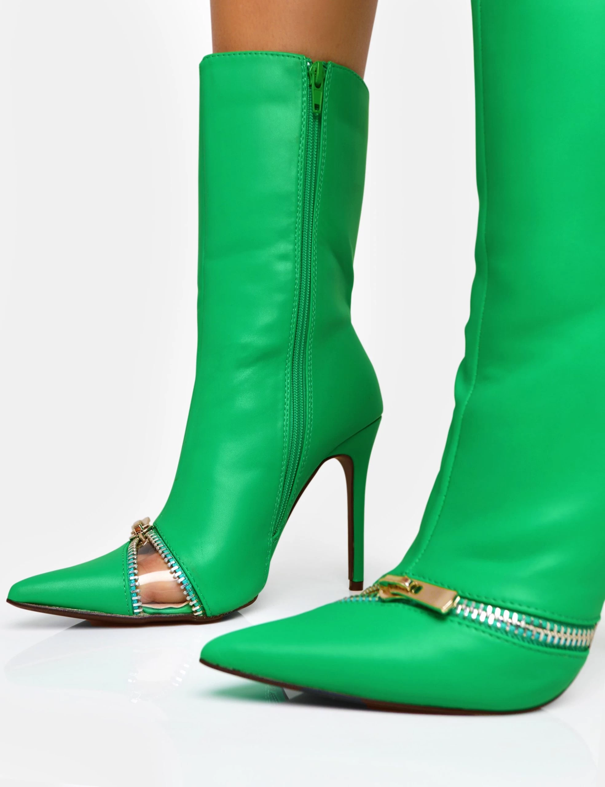 Pitstop Green Pu Zip Detail Pointed Toe Stiletto Heel Ankle Boots 5 Pitstop Green Pu Zip Detail Pointed Toe Stiletto Heel Ankle Boots - Image 3