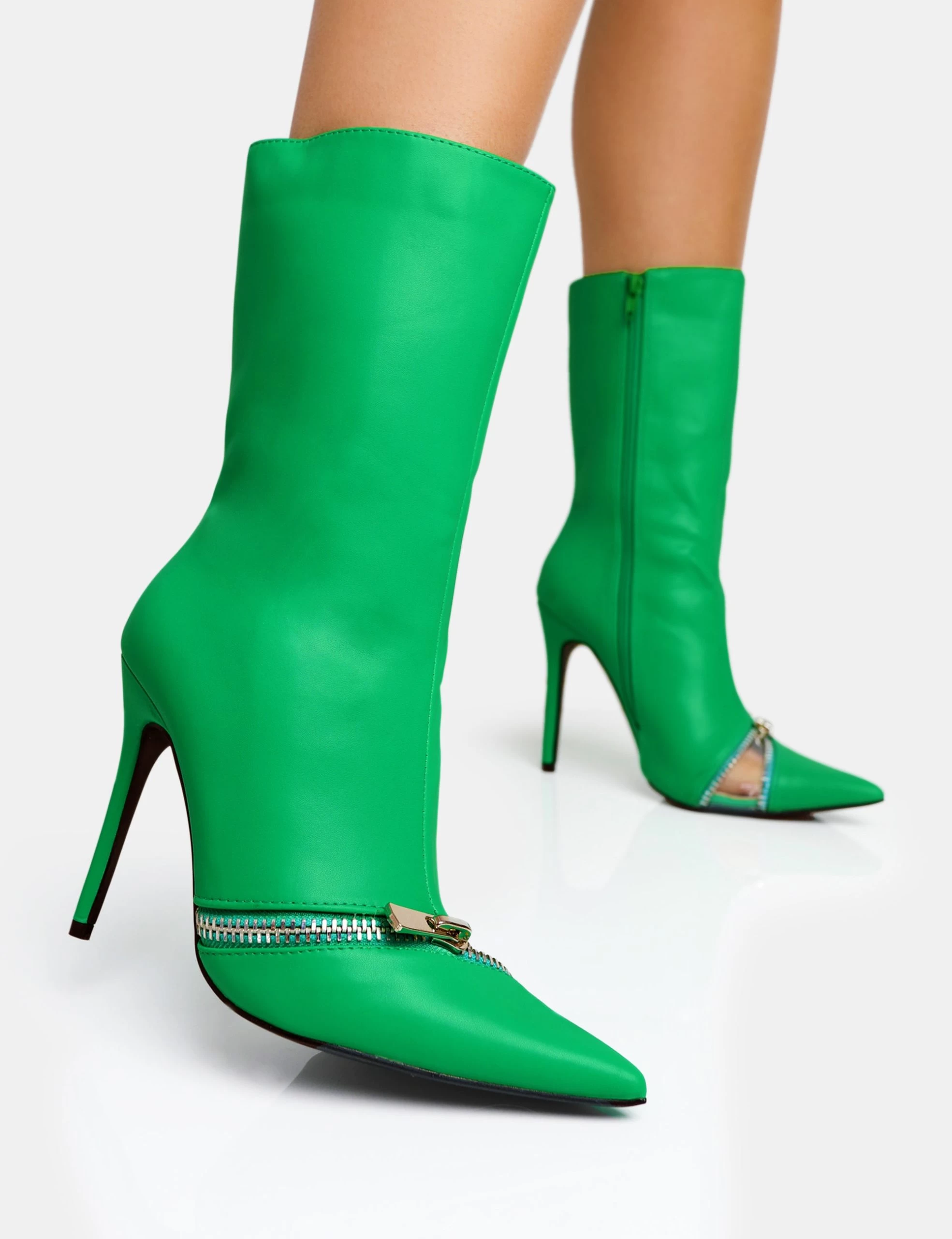 Pitstop Green Pu Zip Detail Pointed Toe Stiletto Heel Ankle Boots 7 Pitstop Green Pu Zip Detail Pointed Toe Stiletto Heel Ankle Boots - Image 5