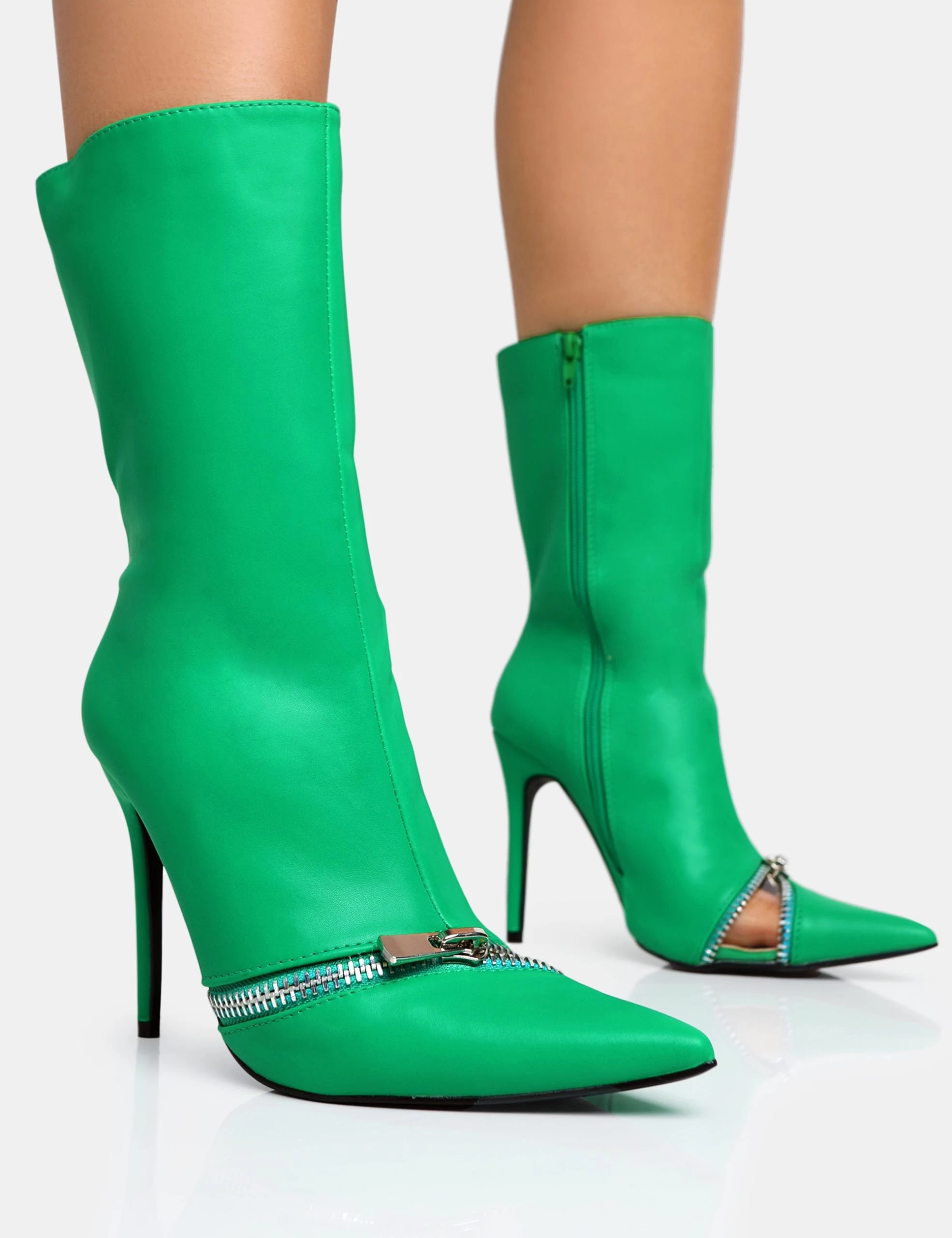 Pitstop Green Pu Zip Detail Pointed Toe Stiletto Heel Ankle Boots 3 Pitstop Green Pu Zip Detail Pointed Toe Stiletto Heel Ankle Boots