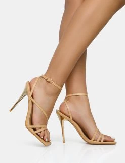 Fillipa Nude Pu Strappy Square Toe Metal Stiletto Heels -Chic Footwear Shop nudewalking
