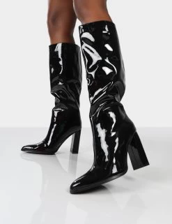 Posie Black Patent Wide Fit Knee High Block Heel Boots -Chic Footwear Shop posiepatent0111