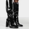 Posie Black Patent Wide Fit Knee High Block Heel Boots -Chic Footwear Shop posiepatent0112