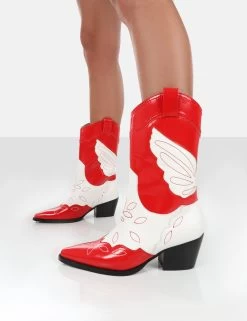 Howdy Red Patent Pointed Toe Western Cowboy Block Ankle Boots -Chic Footwear Shop redbootdetail