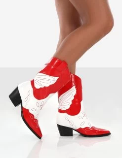Howdy Red Patent Pointed Toe Western Cowboy Block Ankle Boots -Chic Footwear Shop redbootwalking